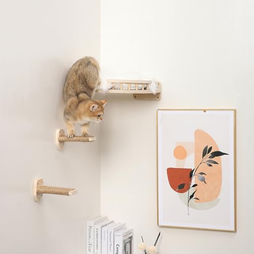 3-in-1 Cat Climbing Wall Steps with Hemp Rope, Shelves and Perches, Scratching Pads for Cats Playing and Climbing (Wood) - color: Wood