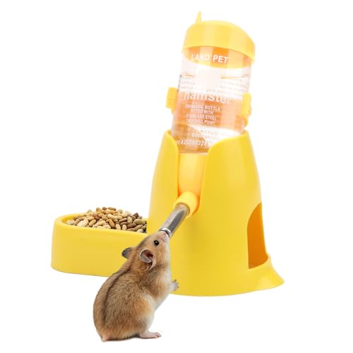 Litewoo 3 in 1 Hamster Water Bottle Small Animal Water Bottle with Food Container Base Hut Hanging Pet Automatic Feeding Drinking Dispenser for Dwarf Hamster Rats Mouse Gerbil Mice - color: Yellow, size: 80ml