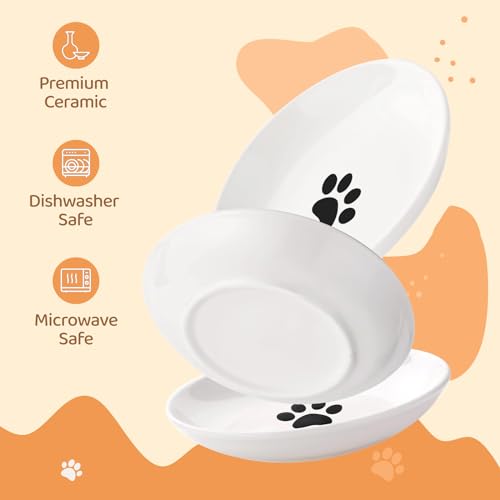 Ceramic Cat Food Plates: Cat Wet Food Bowls/Whisker Fatigue Cat Dishes & Shallow Bowls for Kittens and Small Animals1 | For wet/dry food; fits kittens, rabbits, hamsters; microwave & dishwasher safe; stable paw-print design