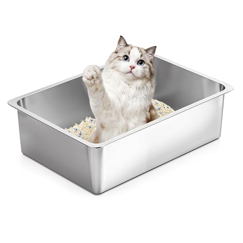 Kirecoo Large Stainless Steel Cat Litter Box High Sided, Non-Stick | Solid Metal Box, Odor Free, Non Stick, Rust Proof, Easy to Clean, Ideal for Cats, Kittens, Multi-cat & Rabbits, Indoor Use - size: 19.5*13.6*5.96