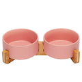 SPUNKYJUNKY Ceramic Dog and Cat Bowl with Wood Stand Non-Slip Matte Glaze Weighted Food Water Set for Cat Medium Dog 28.7 OZ - color: Pink × 2, size: 3.6 cups