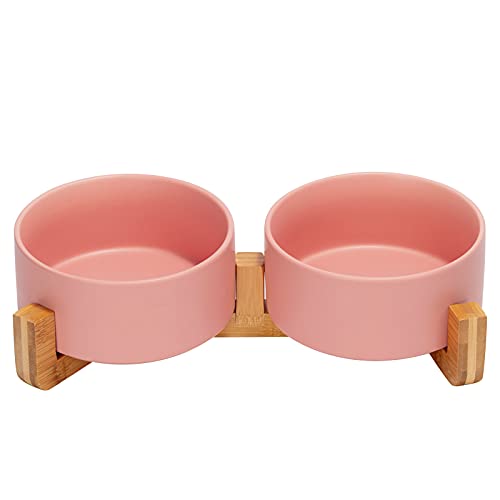 SPUNKYJUNKY Ceramic Dog and Cat Bowl with Wood Stand Non-Slip Matte Glaze Weighted Food Water Set for Cat Medium Dog 28.7 OZ - color: Pink × 2, size: 3.6 cups