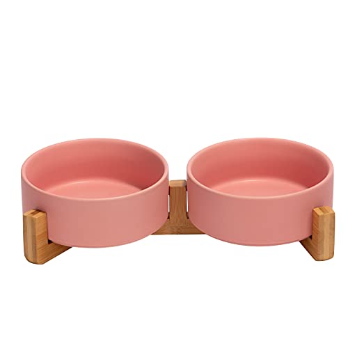 SPUNKYJUNKY Ceramic Dog and Cat Bowl with Wood Stand Non-Slip Matte Glaze Weighted Food Water Set for Cats &Small Dogs 13.5 OZ - color: Pink × 2, size: 1.7 cups