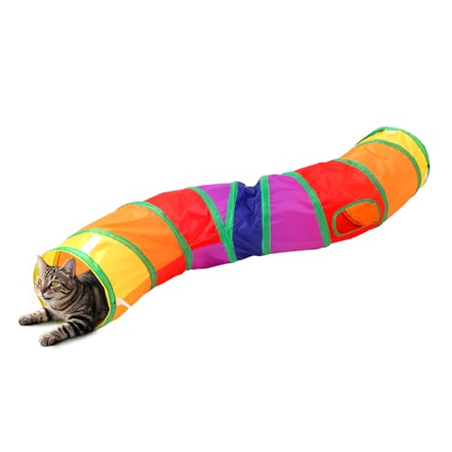 Pet Cat Tunnel, S-Shape Tunnels for Indoor Cats, Collapsible Pet Tunnel for Kitten, Puppy, Rabbit, 25cm-Wide Tunnels, Durable & Breathable, with Peek Hole Toy Ball - color: S-Shaped Tunnel & Rainbow