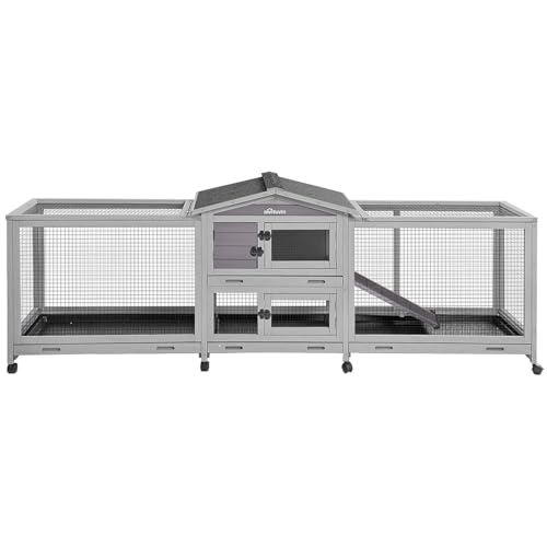 Aivituvin Rabbit Hutch 93.7" Large Rabbit Cage Indoor Outdoor Guinea Pig Cage Chicken Coop on Wheels Bunny Cage with 4 Deep No Leakage Pull Out Tray,Waterproof Roof - color: Light Grey