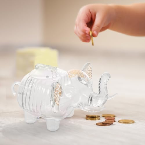BESPORTBLE Glass Elephant Piggy Bank Clear Coin Storage Jar Animal Money Bank Change Holder Case for Kids Savings Elephant Home Decor 7.28 X 4.33 X 4.05 in