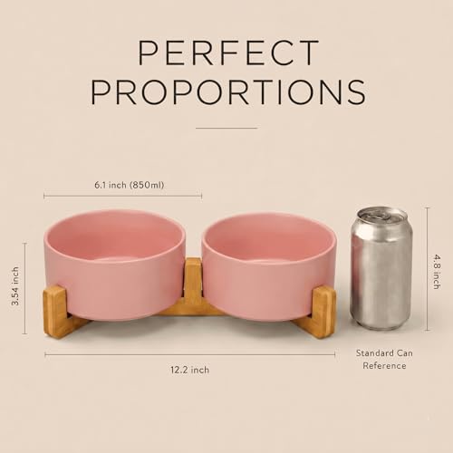 SPUNKYJUNKY Ceramic Dog and Cat Bowl with Wood Stand Non-Slip Matte Glaze Weighted Food Water Set for Cat Medium Dog 28.7 OZ - color: Pink × 2, size: 3.6 cups