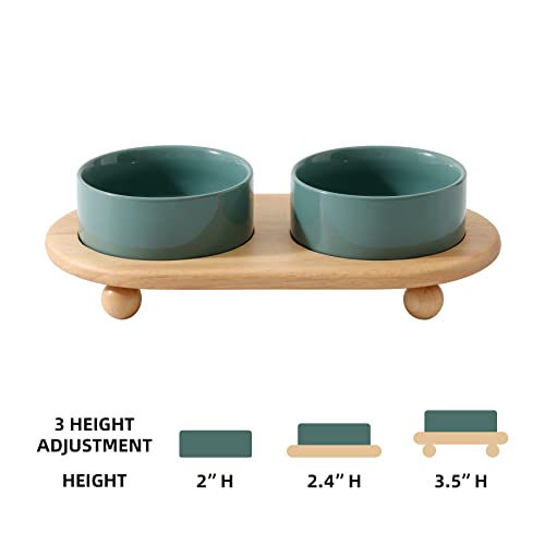 Havniva Raised Cat Bowl 5.1” Elevated Ceramic Cat Food and Water Bowl Set | Cat Bowls Elevated, Whisker Friendly Cat Bowl, Non-Slip Wood Stand, Food-Grade Ceramic, Wide Opening, Dishwasher Safe - color: 2 x Bowl + Stand - Dark Green, size: 5.1inch