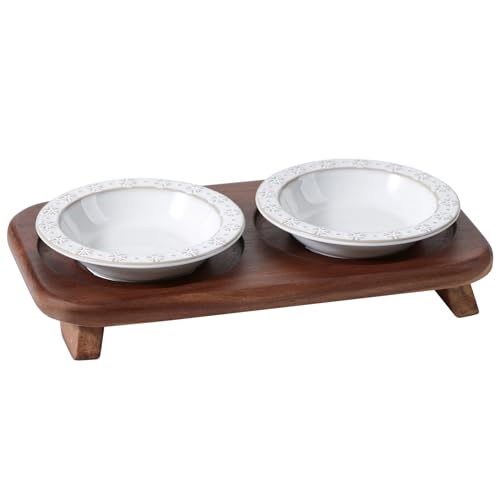 Havniva Ceramic Cat Food Bowl, 6.1" Raised Cat Bowls with Acacia Wood Stand | Elevated Cat Bowls, Whisker Friendly, Extra Wide Opening, Aesthetic Cat Dishes, Elegant Pet Bowls, Food-grade Ceramic, Kitten - color: 2 Dishes+Stand- Arctic White