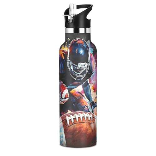 American Football Player Boys Insulated Water Bottle with Straw Lid,Vacuum Stainless Steel Mug Leakproof Tumbler Flask Rugby Kids Water Bottle for Sports Travel School,20oz - color: American Football Player