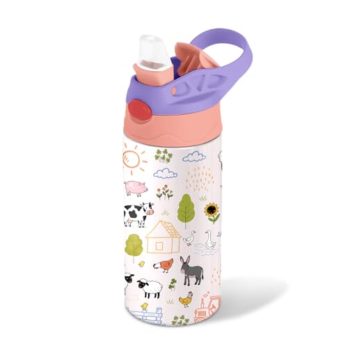 Animals 12 oz Water Bottle with Straw – Kids Stainless Steel Vacuum Insulated Cup, Leakproof Pop-Up Spout, Reusable Travel Mug for Boys and Girls Outdoor Sports - color: Animal1