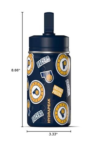 Hydrapeak NBA Officially Licensed Indiana Pacers Mini 14oz Kids Stainless Steel Water Bottle with Straw Lid & Flexible Handle, Double Wall Insulated, Spill Proof, Perfect for Back to School - color: Indiana Pacers