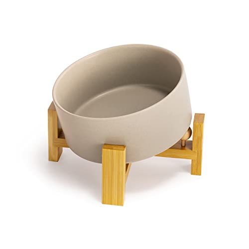 SPUNKYJUNKY 15° Slanted Ceramic Dog and Cat Bowl with Wooden Stand, Tilted Bulldog Food and Water Bowl No Slip Non-Spill for Cats Medium Dogs Big Face Pets 28.7 OZ (3.6 Cups, Grey) - color: Grey, size: 3.6 CUPS × 1