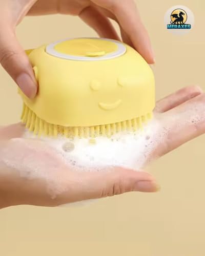 MERAXES Pet Grooming Bath Brush with Soap Dispenser – Soft Silicone Massage Bristles for Dogs & Cats, Gentle Deshedding & Deep Cleaning for Long or Short Hair – Yellow