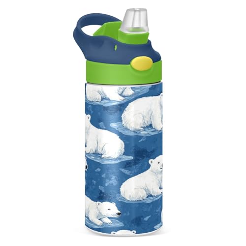 OTVEE Cartoon Polar Bear Kids Water Bottle with Straw Lid 12 oz Insulated Stainless Steel Leakproof Duck Mouth Tumbler Cup for Boys Girls Teen School - color: Cartoon Polar Bear