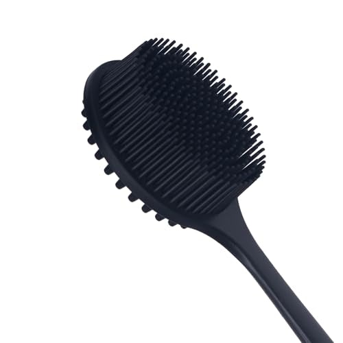 DNC Back Scrubber for Shower Soft Silicone Bath Body Brush with Long Handle (Black) - color: Black
