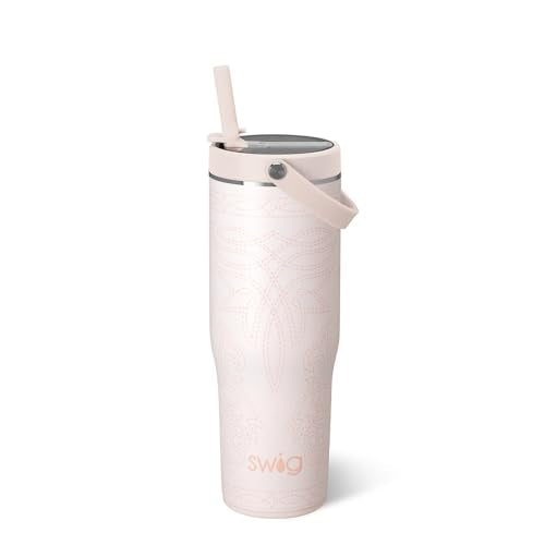 Swig Life 30oz Leakproof To-Go Tumbler with Handle, Saddle Stitch Cream | Leakproof Lid - Triple Insulated Stainless Steel - Handle & Straw Included - Cup Holder Friendly - Dishwasher Safe - color: Saddle Stitch Cream