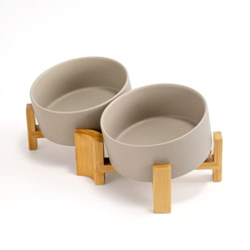 SPUNKYJUNKY 15° Slanted Ceramic Dog and Cat Bowl with Wooden Stand, Tilted Bulldog Food and Water Bowl No Slip Non-Spill for Cats Medium Dogs Big Face Pets 28.7 OZ (3.6 Cups, Grey × 2) - color: Grey, size: 3.6 CUPS × 2