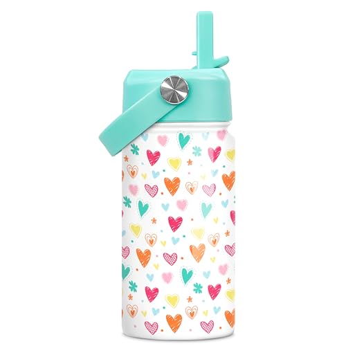 SANDJEST Kids Water Bottle with Straw Lid - Insulated 12 Oz Stainless Steel Water Bottles for Girls - Heart Water Bottle Travel Cup for School Sports - color: Heart