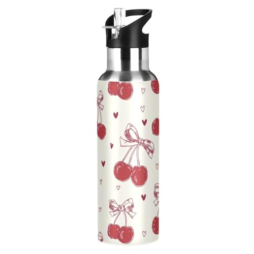 Red Bow Cherry Water Bottle Girls Kids Stainless Steel with Straw Lid | Leak Proof Water BottleBoys Girls Insulated Tumbler Cup for School 20 oz - color: Multi19