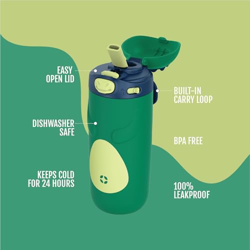 Ello Ellies 12oz Stainless Steel Leakproof Kids Water Bottle, Dino | Insulated kids water bottle with straw, leakproof locking lid, carry handle, and stainless steel fun animal design for school - color: Dino, size: 12 Ounces