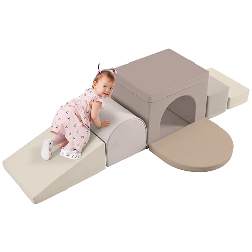 Merax Indoor Soft Foam Tunnel Climber, Toddler Climbing Toys with Tunnel | Soft Climb and Crawl Playset Baby Soft Foam Blocks with Steps and Ramp, 7-piece - color: Cappuccino