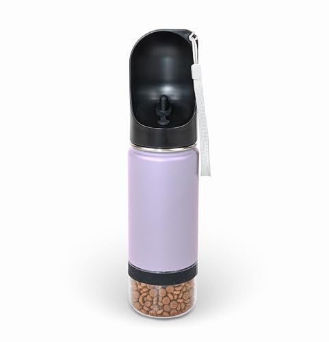 Mon Chateau 14oz Portable Dog Water Bottle with 4 oz Snack Storage, Double Walled Stainless Steel Body, Leak-Proof, Dishwasher Safe Pet Travel Bottle for Dogs, Cats & Outdoor Use, Lavender | 4oz Snack Compartment, Double Walled Stainless Steel, Leak-Proof