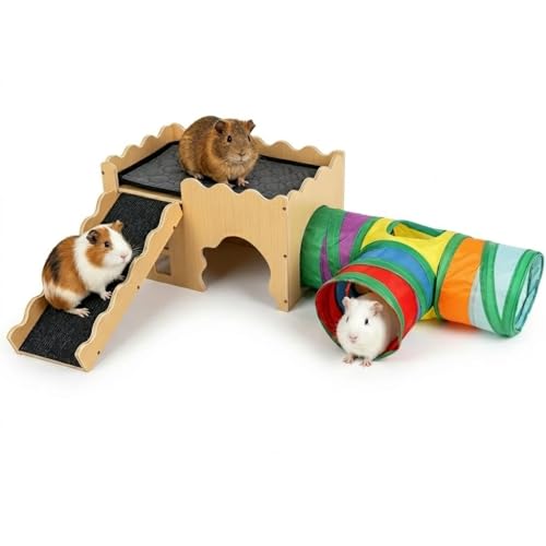 Wooden Guinea Pig Hideout Cave House, Guinea Pig Castle with Natural Cave-Style Entrance, Large Small Animal Habitat with Stairs, Waterproof Liner, Easy Assembly for Guinea Pigs, Rabbits & Hamsters - color: Tunnel Hideout