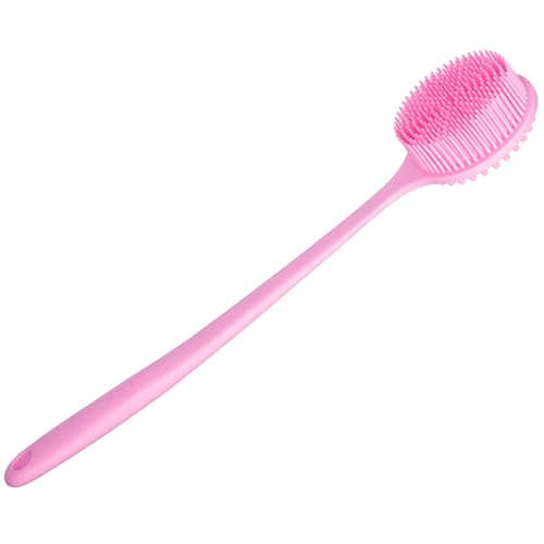 DNC Silicone Back Scrubber for Shower, Soft Bath Body Brush with Long Handle (Pink) - color: Pink