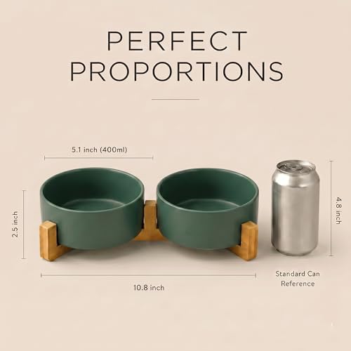 SPUNKYJUNKY Ceramic Dog and Cat Bowl with Wood Stand Non-Slip Matte Glaze Weighted Food Water Set for Cats &Small Dogs 13.5 OZ Green - color: Green × 2, size: 1.7 cups