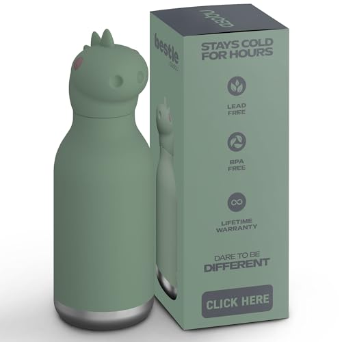 asobu Bestie Water Bottle, Cute Collectible Character, Leak Proof, BPA Free | 16 oz, Stays Cold 24 Hours, Double Wall Vacuum Insulation, Food Grade Stainless Steel, Spill Resistant, Great Gift Idea - color: Dino