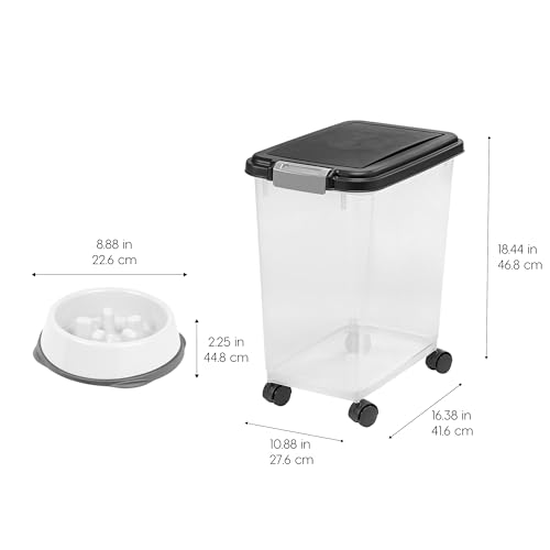 IRIS USA Dog Food Container & Slow Feeder Bowl, Up to 30 lbs, Black | Includes 2-Cup Sccop & Wheels, Airtight Seal, BPA-Free, Bird Seed, Cat food, Cat Litter, Treats, Short Snout Bowl - color: Black, size: 30 lbs - 1 Pack