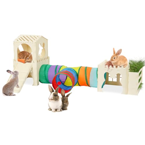 Extra Large Rabbit Hideout, Wooden Bunny Castle with Tunnel and Stair, Rabbit House Tower with Hay Feeder Sturdy Habitat for Guinea Pig Chinchilla Ferret Hamster - color: -Natural -03