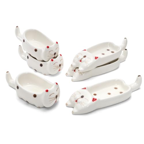 6 Pcs Cute Soy Sauce Dipping Bowls, Small Ceramic Dipping Dishes, Mini Cat Shape Sushi Tray with Chopstick Holder Tableware for Seasoning Oil Vinegar Ketchup Wasabi, Japanese Style