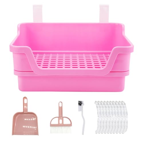 Large Rabbit Litter Box Rabbit Toilet Rabbit Potty Training Corner Huge Bunny Litter Pan with Plastic Grid Deep Dump Tray for Adult Small Animal (Pink)