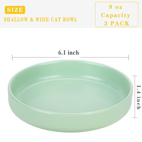 Ceramic Cat Bowls,Shallow Cat Dishes for Food and Water, 6 inch Matte Finish Wide Cat Food Bowl,Whisker Fatigue Free Pet Puppy Kitten Bowl Set of 3,Dishwasher Safe - color: Mint green