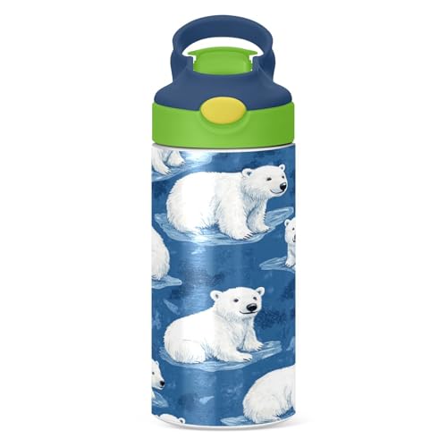OTVEE Cartoon Polar Bear Kids Water Bottle with Straw Lid 12 oz Insulated Stainless Steel Leakproof Duck Mouth Tumbler Cup for Boys Girls Teen School - color: Cartoon Polar Bear