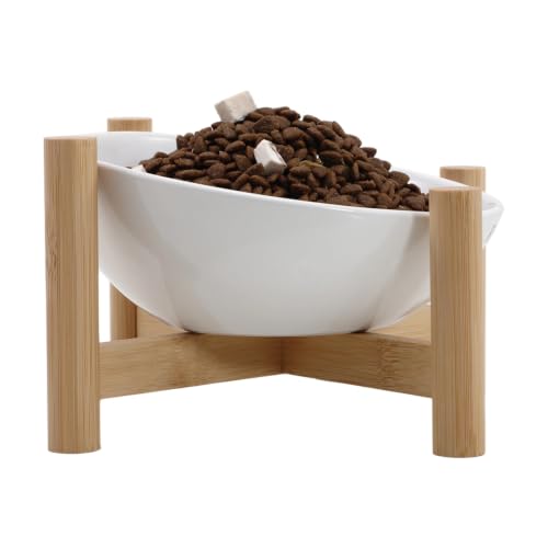15° Slanted Rim Ceramic Cat Bowl, Anti-Spill for Small Cats,White | Food-safe Ceramic with Wooden Stand,Ergonomic Tilt Relieves Neck Strain,Anti-Vomiting,Prevents Whisker Fatigue - color: White