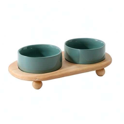 Havniva Raised Cat Bowl 5.1” Elevated Ceramic Cat Food and Water Bowl Set | Cat Bowls Elevated, Whisker Friendly Cat Bowl, Non-Slip Wood Stand, Food-Grade Ceramic, Wide Opening, Dishwasher Safe - color: 2 x Bowl + Stand - Dark Green, size: 5.1inch