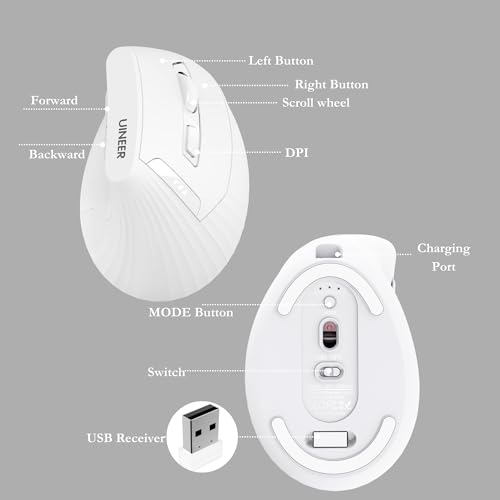 Uineer Vertical Ergonomic Mouse, Wireless Bluetooth Mouse, 3-Device,Quiet | Switch among 3 devices; side scroll wheel supports horizontal navigation for documents and spreadsheets. - color: White