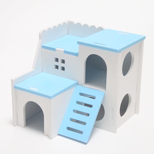 Blue Wooden Hamster Maze & Double-Decker Hut with Fun Slide - for Dwarf Hamsters, Mice, Gerbils, All Small Pets - color: BLUE