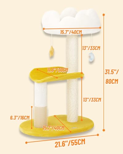 Cloud Cat Tree, 31.5in Multi-Level Indoor Cat Tower with Scratching Posts, Viewing Perch, Removable & Washable Cushions, Cat Activity Tree with Dangling Toy | Removable & Washable Cat Bed, Cat Activity Tree, Cute Dangling Toys, Easy To Clean, Stable Struc