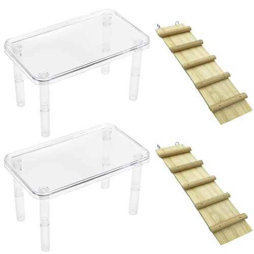 Hamster Platform 4Pcs Acrylic Small Animal Stand Climbing Toy Stuff with Wood Ladder for Dwarf Syrian Hamsters Gerbils Mice Sugar Glider Reptile Bird - color: Transparent(2PCS)
