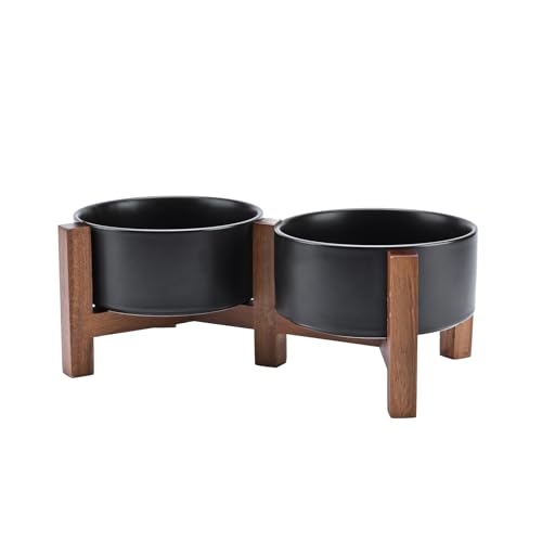 SPUNKYJUNKY Ceramic Dog Bowls with Acacia Wood Stand - Raised Dog Food and Water Bowl Set for Medium Dogs (28.74 OZ, Black) - color: Black, size: 28.74 Oz