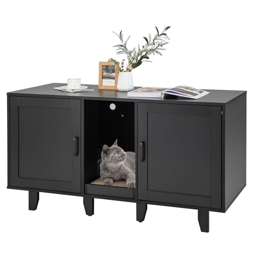 PETSITE Litter Box Enclosure for 2 Litter Boxes, Hidden Cat Washroom TV Stand End Table with 2 Cabinet, Scratching Board, Indoor Cat Litter Furniture, Patented - color: Black