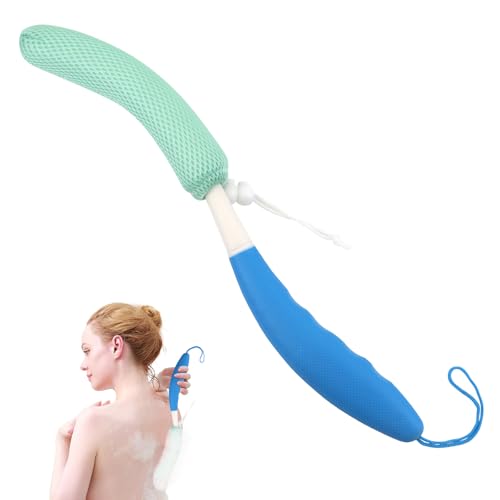 Back Scrubber for Shower,15.35"Curved Body Brush with Anti Slip Long Handle | Long Back Scrubber for Men & Women, Skin Exfoliating Curved Back Scrub Brush, Removable Long Handle Mesh Sponge Back Washer - size: Blue+Green Handle (YS0125)