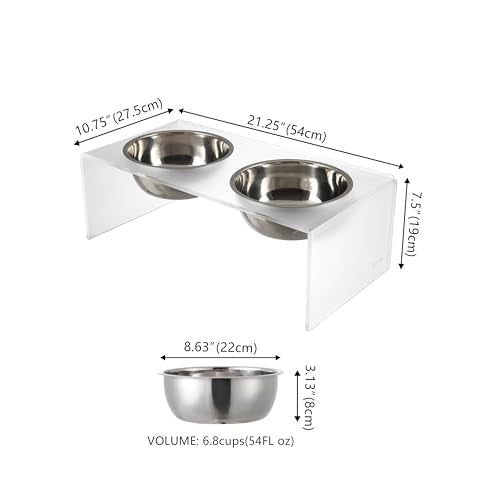 DBL2001K Keaton 7.5" Medium/Large Modern Acrylic Rectangular Elevated Pet Feeder with 54oz 2-Stainless Steel Bowls, Moon White/Chrome - color: Moon White/Chrome, size: 54 Ounces (7.5" Cups 2-Pack)