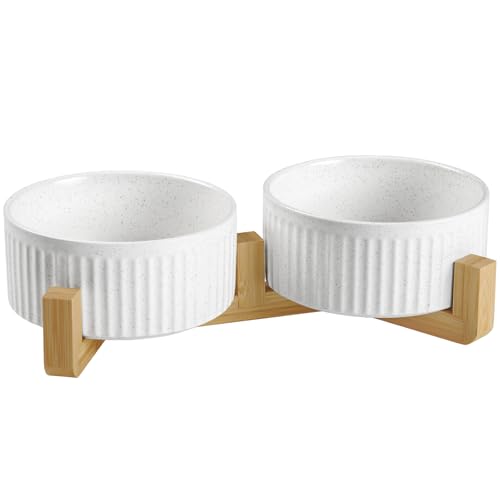 Non-Slip Ceramic Dog Bowls with Wood Stand,6" Dog Food and Water Bowl Set with Silicone Base, 32 OZ/4 Cups Weighted Flip-Proof Pet Feeding Bowl for Small Dogs and Cats (Medium,White) - color: Wood Stand, size: 4 Cups