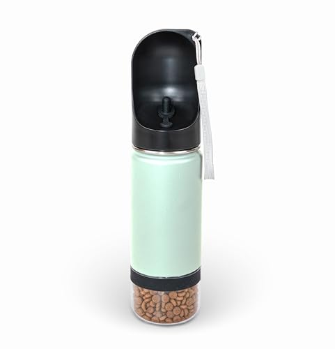 Mon Chateau 14oz Portable Dog Water Bottle with 4 oz Snack Storage, Double Walled Stainless Steel Body, Leak-Proof, Dishwasher Safe Pet Travel Bottle for Dogs, Cats & Outdoor Use, Mint Green | 4oz Snack Compartment, Double Walled Stainless Steel, Leak-Pro