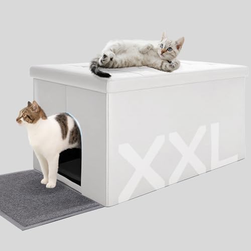 MEEXPAWS Cat Litter Box Enclosure Furniture Odor Control, Extra Large | XXL Hidden Cat Litter Box Bench Ottoman, Storage Cabinet Dog Proof, Waterproof Inside, Easy Clean, Easy Assembly, White - color: White, size: XXL L35.4'' x W19.7'' x H19.7''